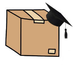 Cardboard box wearing a graduation cap.